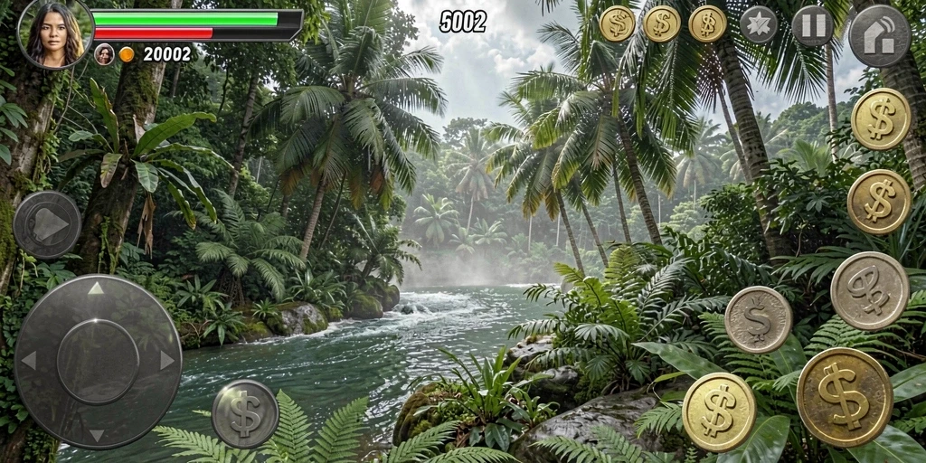 Screenshot menunjukkan karakter utama dalam aksi epik.